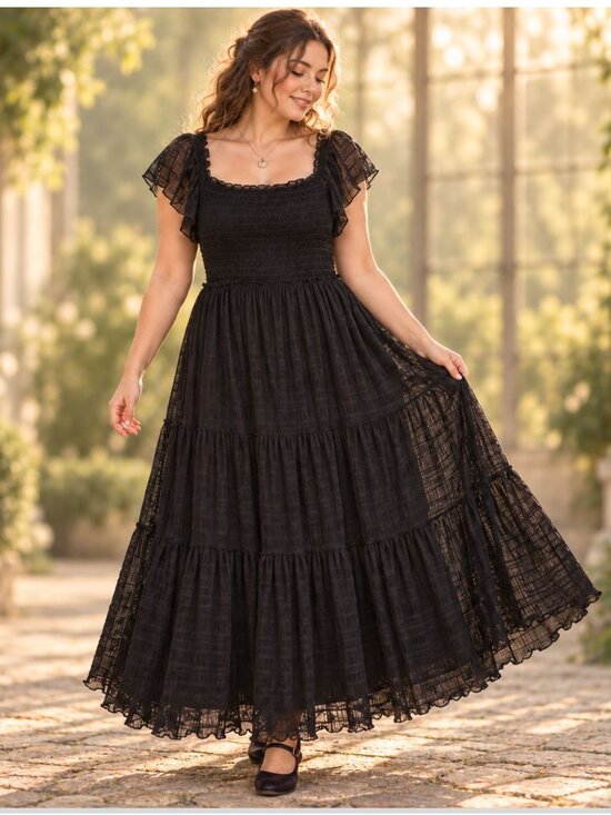 Max Studio Dresses & Skirts - Max Studio Womens XL Black Whimsygoth Smocked Lace Maxi Dress Flutter Sleeve
